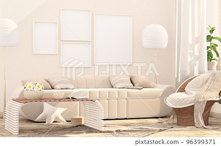 mock up poster frame in modern interior background, living room, Scandinavian style. Modern interior design with armchair. 3d rendering 96399371