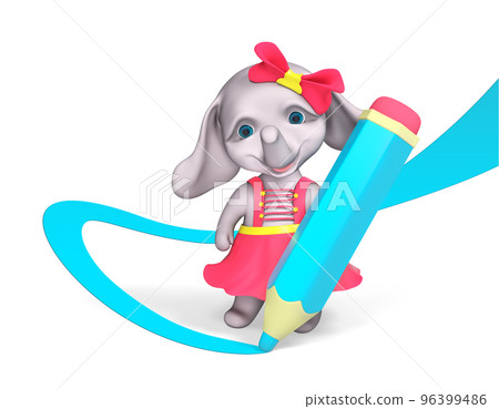 Funny girl elephant character draws with big pencil 3d rendering 96399486