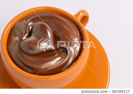 Orange cup and saucer filled with hot chocolate with heart shape 3d rendering Orange cup and saucer filled with hot chocolate with heart shape 3d rendering 96399527