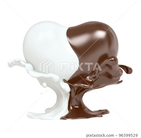 Splash of hot chocolate and milk in form of heart 3d rendering Splash of hot chocolate and milk in form of heart 3d rendering 96399529