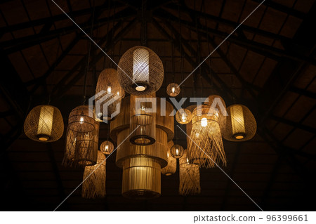 bamboo lantern lamp hanging on ceiling decorated inside resort 96399661