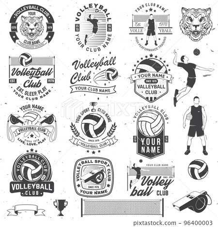 Set of volleyball club badge design. Vector illustration. For college league sport club emblem, sign, logo. Vintage monochrome label, sticker, patch with volleyball ball, player, net and referee 96400003
