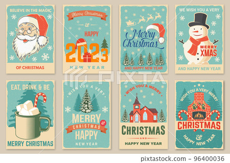 Set of Merry Christmas and Happy New Year poster, flyer, greeting cards. Set quotes with snowflakes, Santa Claus face and Catholic Church . Vector. Design for xmas, new year emblem. 96400036