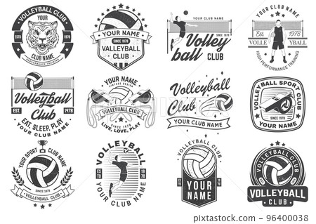 Set of volleyball club badge design. Vector illustration. For college league sport club emblem, sign, logo. Vintage monochrome label, sticker, patch with volleyball ball, player, net and referee 96400038