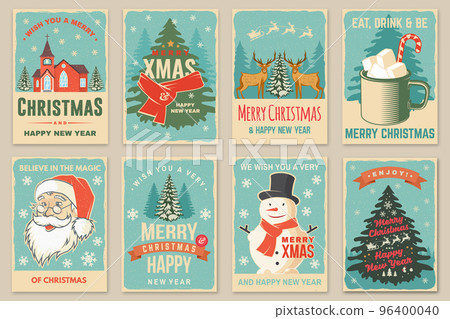 Set of Merry Christmas and Happy New Year poster, flyer, greeting cards. Set quotes with snowflakes, Santa Claus face and Catholic Church . Vector. Design for xmas, new year emblem. 96400040