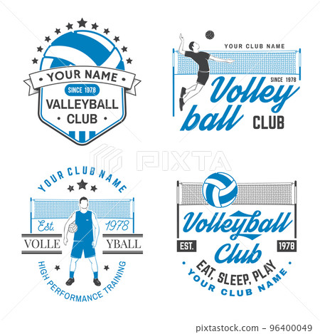Set of volleyball club badge design. Vector illustration. For college league sport club emblem, sign, logo. Vintage monochrome label, sticker, patch with volleyball ball, player, net and referee Set of volleyball club badge design. Vector illustration. For college league sport club emblem, sign, logo. Vintage monochrome label, sticker, patch with volleyball ball, player, net and referee 96400049