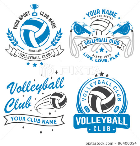 Set of volleyball club badge design. Vector illustration. For college league sport club emblem, sign, logo. Vintage monochrome label, sticker, patch with volleyball ball, player, net and referee 96400054
