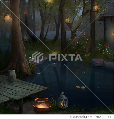 Backyard with lanterns with a moat bowl and firewood in it, evening 96400055