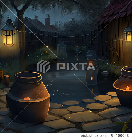 Backyard with lanterns with a moat bowl and firewood in it, evening Backyard with lanterns with a moat bowl and firewood in it, evening 96400058
