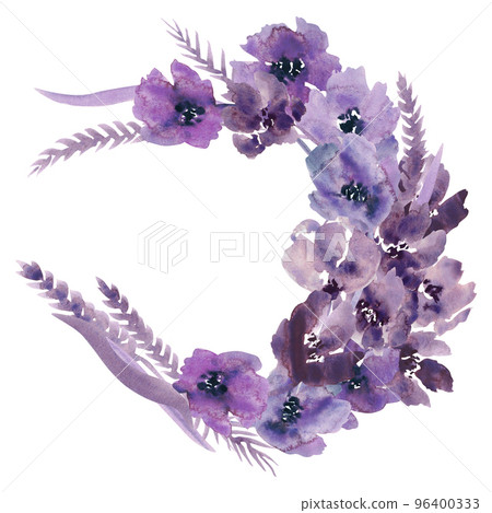 Watercolor purple flowers clipart. Floral clip art. Handmade illustration for greeting cards, wallpaper, stationery, fabric, wedding card. Flower frame. Watercolor purple flowers clipart. Floral clip art. Handmade illustration for greeting cards, wallpaper, stationery, fabric, wedding card. Flower frame. 96400333