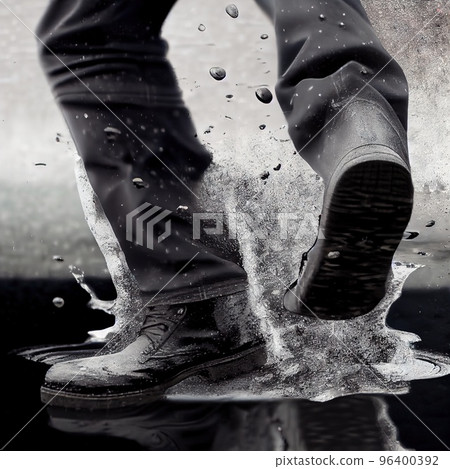 A person stepping into a puddle from which spray is flying, close-up on the leg 96400392