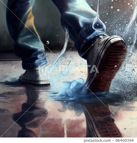 A person stepping into a puddle from which spray is flying, close-up on the leg 96400394