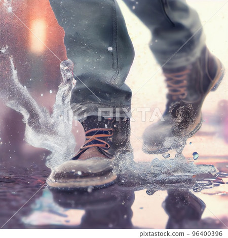 A person stepping into a puddle from which spray is flying, close-up on the leg A person stepping into a puddle from which spray is flying, close-up on the leg 96400396