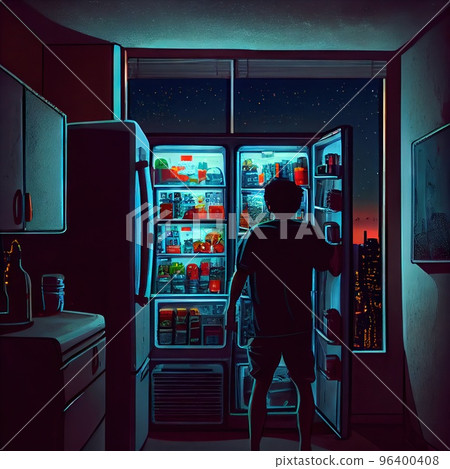 A man opens an empty refrigerator in an apartment at night, a view from the back A man opens an empty refrigerator in an apartment at night, a view from the back 96400408