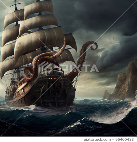 A giant octopus wrapped its tentacles around the ship A giant octopus wrapped its tentacles around the ship 96400458