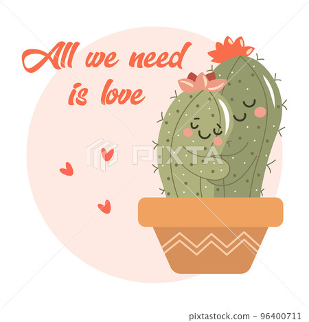 Funny cartoon cacti in love in a pot, hearts and text. Poster, postcard, vector Funny cartoon cacti in love in a pot, hearts and text. Poster, postcard, vector 96400711