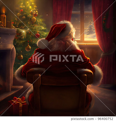 Santa Claus sits in chair near fireplace and rests after giving gifts, Christmas Night 96400752