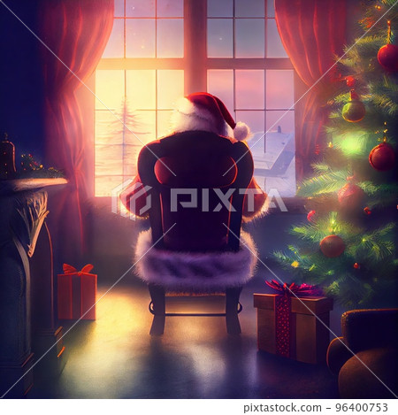 Santa Claus sits in red chair and looks out window, Christmas Night Santa Claus sits in red chair and looks out window, Christmas Night 96400753
