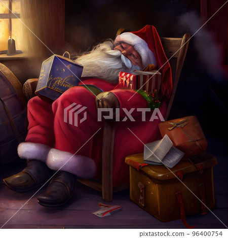 Santa fell sleep in a chair with a bag of gifts on Christmas night Santa fell sleep in a chair with a bag of gifts on Christmas night 96400754