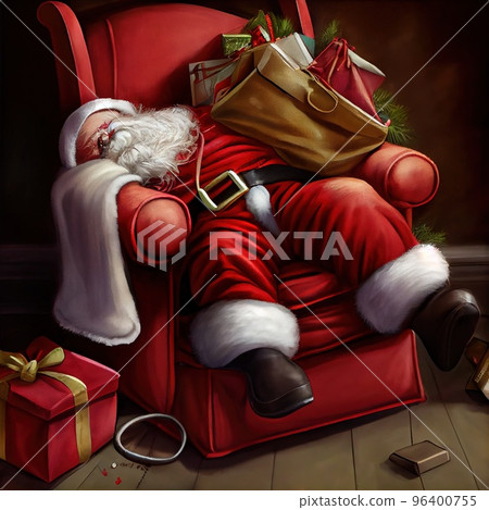 Santa fell sleep in a chair with a bag of gifts on Christmas night Santa fell sleep in a chair with a bag of gifts on Christmas night 96400755