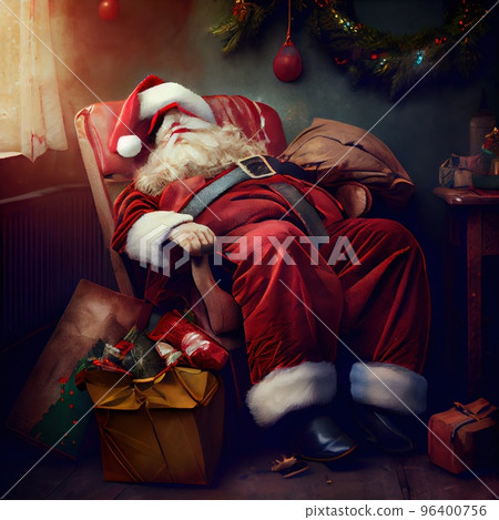 Santa Claus got tired and decided to rest on his chair after giving gifts on Christmas Santa Claus got tired and decided to rest on his chair after giving gifts on Christmas 96400756