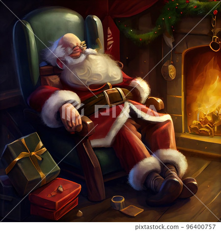 Santa Claus napping and relax in a chair with a bag of gifts on Christmas night Santa Claus napping and relax in a chair with a bag of gifts on Christmas night 96400757