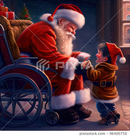 A child at Christmas wishes Merry Christmas to Santa Claus sitting in a wheelchair A child at Christmas wishes Merry Christmas to Santa Claus sitting in a wheelchair 96400758