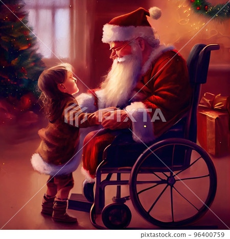 A child at Christmas wishes Merry Christmas to Santa Claus sitting in a wheelchair 96400759