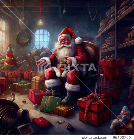 Santa Claus with many hands like Shiva collects gifts in a bag in a fictional fabulous gift warehouse Santa Claus with many hands like Shiva collects gifts in a bag in a fictional fabulous gift warehouse 96400760