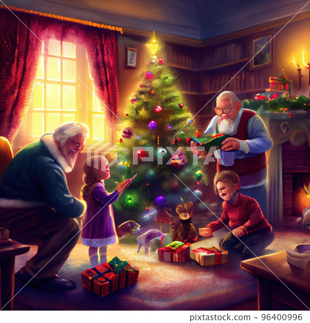 Children with grandparents decorate the Christmas 96400996