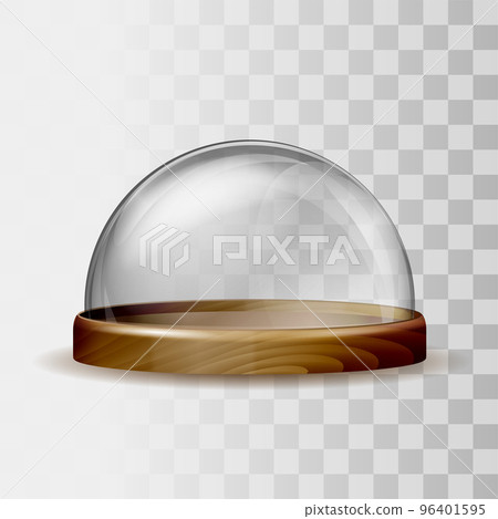 Transparent glass dome and wooden tray in 3D realistic design. Transparent glass dome and wooden tray in 3D realistic design. 96401595