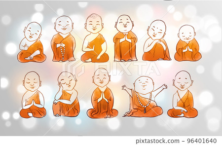 Little meditating buddhist monks in orange robes on white glowing background. Little meditating buddhist monks in orange robes on white glowing background. 96401640