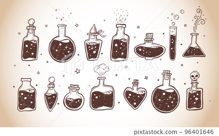 Doodles with pharmaceutical flasks, beakers and test tubes in vintage style. Sketches of chemical laboratory objects with magic potion. Vector illustration. 96401646