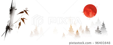 Ink painting landscape with bamboo and misty forest mountains. Traditional oriental ink painting sumi-e, u-sin, go-hua. Translation of hieroglyph - eternity 96401648