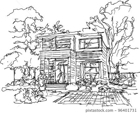 hand drawn architectural sketch of beautiful modern detached village house with garden and trees hand drawn architectural sketch of beautiful modern detached village house with garden and trees 96401731