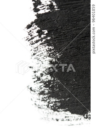 Brush strokes of black acrylic paint close-up. Edge of Smeared Acrylic Black Spot isolated on white background. Abstract creative background. Art drawing texture concept. Copy space, space for text Brush strokes of black acrylic paint close-up. Edge of Smeared Acrylic Black Spot isolated on white background. Abstract creative background. Art drawing texture concept. Copy space, space for text 96401859