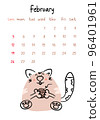 Vertical vector calendar for february 2023 with cartoon cat. Funny hand drawn pet holding a clew in paws.  Week starts on Sunday. For size a4,a5,a3. 96401961