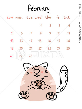 Vertical vector calendar for february 2023 with cartoon cat. Funny hand drawn pet holding a clew in paws. Week starts on Sunday. For size a4,a5,a3. Vertical vector calendar for february 2023 with cartoon cat. Funny hand drawn pet holding a clew in paws. Week starts on Sunday. For size a4,a5,a3. 96401961