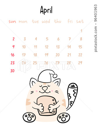 Vertical vector calendar for april 2023 with cartoon cat. Funny hand drawn pet wearing a cap with a pillow in paws. Week starts on Sunday. For size a4,a5,a3. Vertical vector calendar for april 2023 with cartoon cat. Funny hand drawn pet wearing a cap with a pillow in paws. Week starts on Sunday. For size a4,a5,a3. 96401963