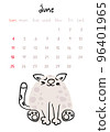 Vertical vector calendar for june 2023 with cartoon grey cat. Funny hand drawn pet with eyes closed.  Week starts on Sunday. For size a4,a5,a3. 96401965