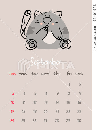 Vertical vector calendar for september 2023 with cartoon grey cat. Funny hand drawn pet.  Week starts on Sunday. For size a4,a5,a3. 96401968