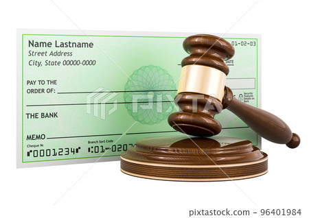 Bank check with wooden gavel, 3D rendering Bank check with wooden gavel, 3D rendering 96401984