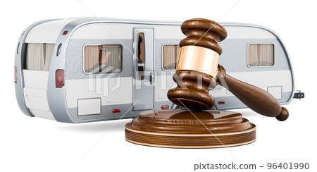 Caravan, camper trailer with wooden gavel, 3D rendering 96401990