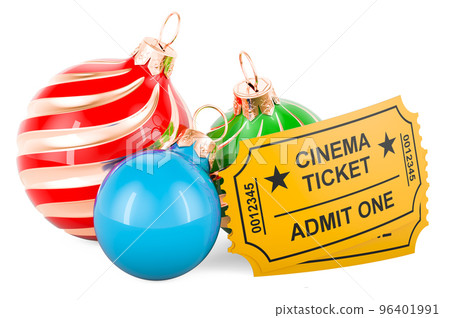 Christmas balls with cinema tickets. Christmas Movies concept, 3D rendering Christmas balls with cinema tickets. Christmas Movies concept, 3D rendering 96401991
