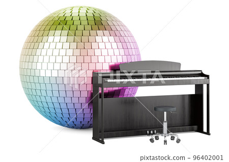 Disco concert concept. Digital piano with mirror disco ball, 3D rendering Disco concert concept. Digital piano with mirror disco ball, 3D rendering 96402001