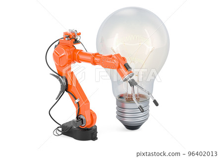 Lightbulb with robotic arm, 3D rendering Lightbulb with robotic arm, 3D rendering 96402013
