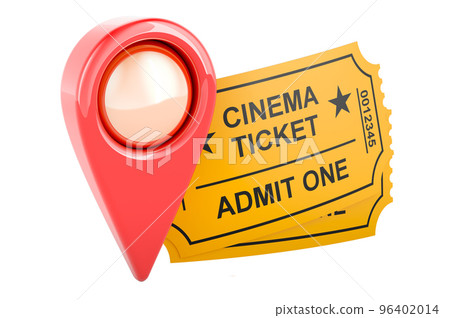 Map pointer with cinema tickets, 3D rendering Map pointer with cinema tickets, 3D rendering 96402014