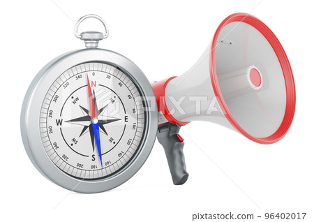 Megaphone with compass. 3D rendering Megaphone with compass. 3D rendering 96402017