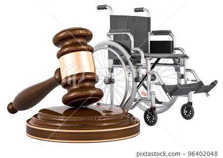 Wheelchair with wooden gavel, 3D rendering Wheelchair with wooden gavel, 3D rendering 96402048