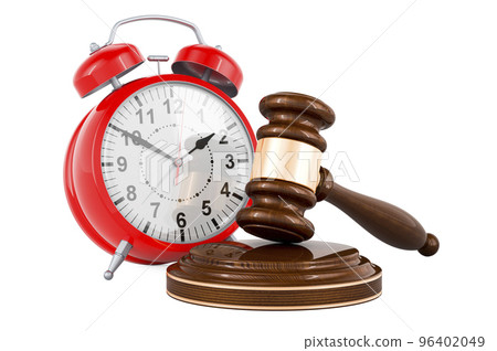 Wooden gavel with alarm clock. 3D rendering Wooden gavel with alarm clock. 3D rendering 96402049